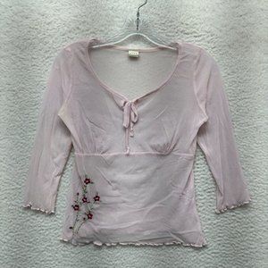 90s Y2K Vintage Whimsigoth Boho Fairy Grunge Mesh Top M Medium Pink Floral Sheer